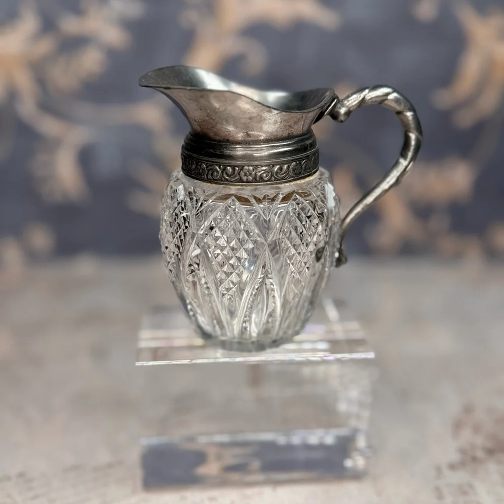 Antique Cut Glass Creamer Pitcher w/ Pewter Top & Handle Estate Mini Jug